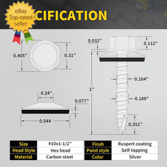 Metal Roofing Screws #10 X 1-1/2″, 300 PCS, RUSPERT Hex Head Rubber Washer Shee