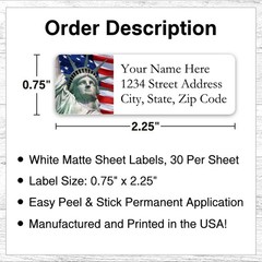 60 Return Address Labels Personalized Printed 3/4 x 2 1/4 Statue of Liberty Flag