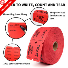 Huxowni 4000 Raffle Tickets Double 2inch x 2inch, Red/Yellow/Blue/Green
