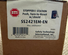 STI SS2421EM-EN Stopper Station Push, Turn-to-Reset w/Shield Blue Emergency