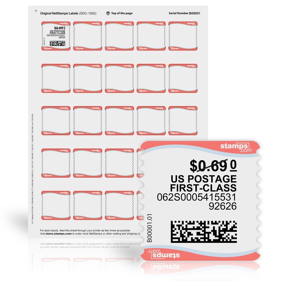 Stamps.com Original NetStamps Sheets 50 Pack | 1,250 Printable Postage Labels