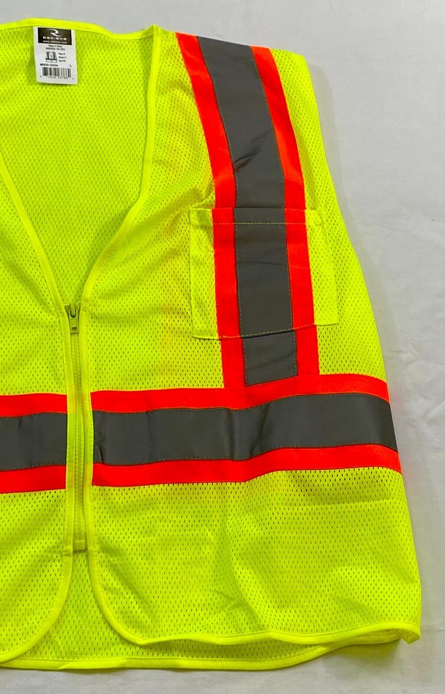 men’s neon yellow safety work vest size large mesh sleeveless zip front reflect