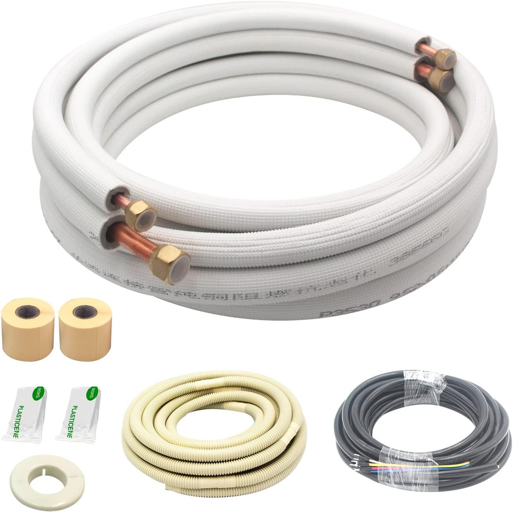 16Ft Length Mini Split Line Set,1/4″ 5/8″ OD Copper Pipes Tubing and 3/8 White P