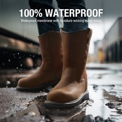 HISEA Mens Wellington Work Boots Steel/Soft Toe Waterproof Leather Western Boots