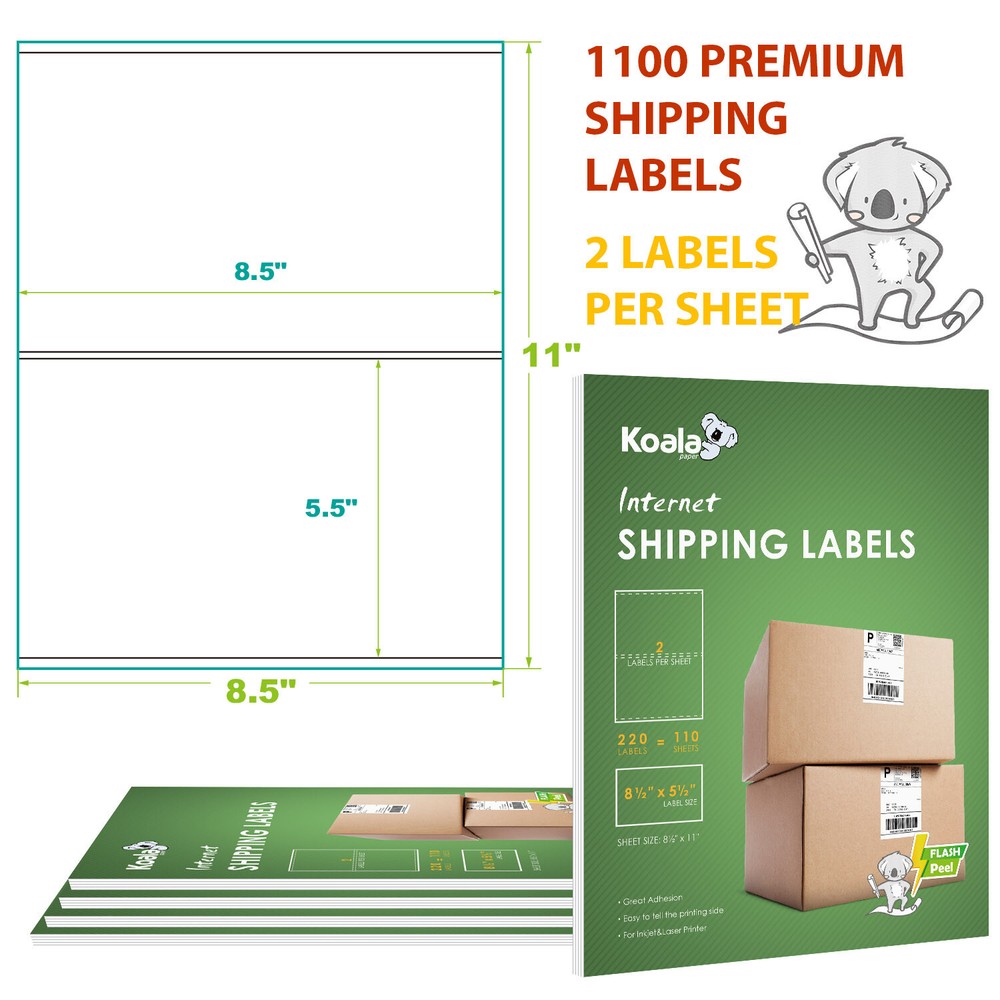 Premium 1100 Shipping Labels 8.5×5.5 Half Sheet Adhesive 2 Per Sheet 1000 Koala
