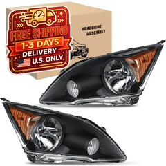 Headlight Assembly Black Housing Amber Reflector Pair 2007-2011 Honda CR-V