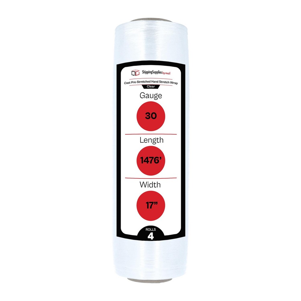 4 Rolls 30 Gauge Eco Friendly Pre Stretch Hand Shrink Wrap 17″ x 1476′ Clear