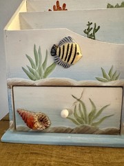 Coastal Beach Theme Tiered Wood Desktop Organizer Hand painted Ocean Fish