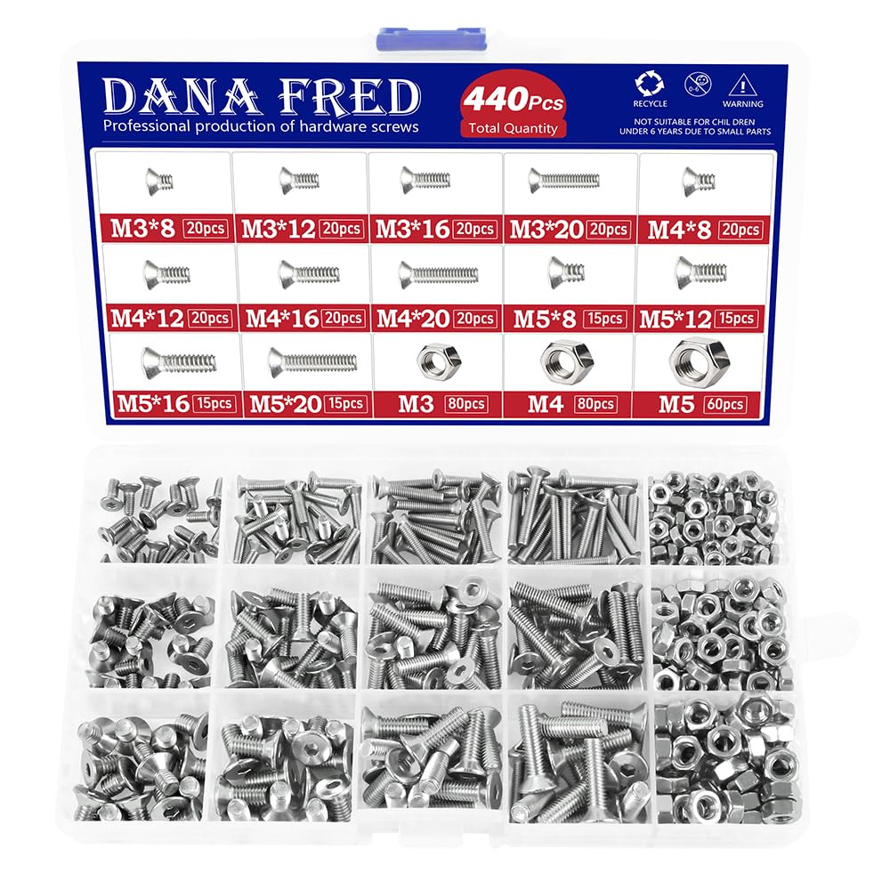 440 Pieces Flat Hex Socket Head Cap Screws Kit 304 Stainless Steel M3 M4 M5 Metr