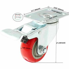 12 Pack 3 Inch Caster Wheels Swivel Plate On Red Polyurethane Wheels With Brake