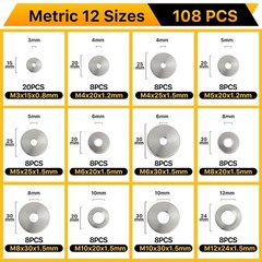 108Pcs 304 Stainless Steel Flat Washers, Fender Washers Assortment Kit 12 Sizes