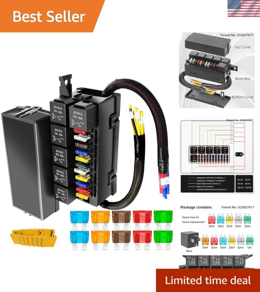 Automotive 12V Fuse Relay Box – Pre-Wired with 6 Relays & Multi-Sized Fuses
