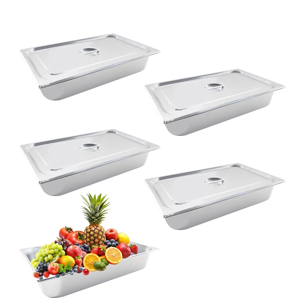 4 Pack Stainless Steel Full Size 4” Deep Steam Table Pan w/ Lid Hotel Food Pans