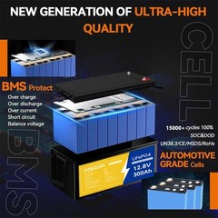 12V 300Ah LiFePO4 Lithium Battery 3840Wh Built-in BMS Solar RV Marine Off-grid