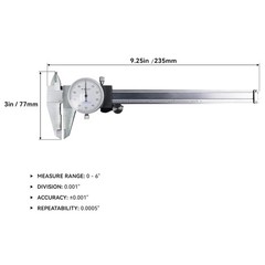 0-6″ Imperial Calipers; 4 Way DIAL Caliper 0.001″ Shock Proof – Stainless Steel