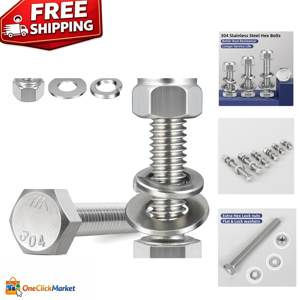 12 Sets 1/4-20 x 2 Inch Hex Head Screw Bolt Kit – Durable 304 Stainless Steel