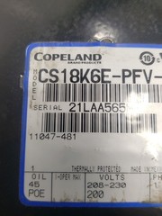 Copeland CS18K6E-PFV-256 3HP Hermetic Compressor 208-230V 1PH New Open Box