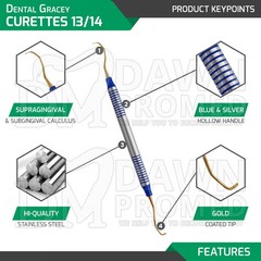5 Pcs Dental Gracey Curettes 13/14 Gold Coated Double Ended Hollow Handle Set