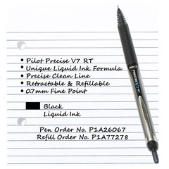 Pilot Precise V7 RT, 3 Pens With 4 Packs of Refills, Black Ink, 0.7mm Fine Point