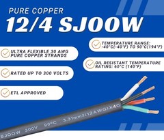 WindyNation 12/4 12 AWG 4 Conductor SJOOW Cable Cord Wire 300V Portable Power