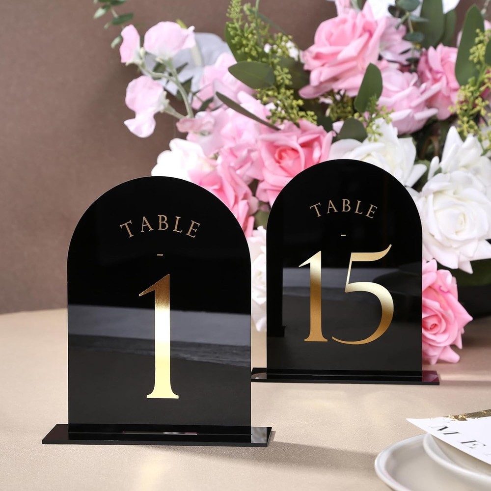 Black Arch Wedding Table Numbers with Stands 1-15, Gold Foil Printed 5×7 Dbl B22