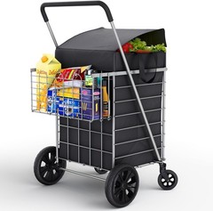 Folding Utility Shopping Cart with Double Basket, Swivel Wheels