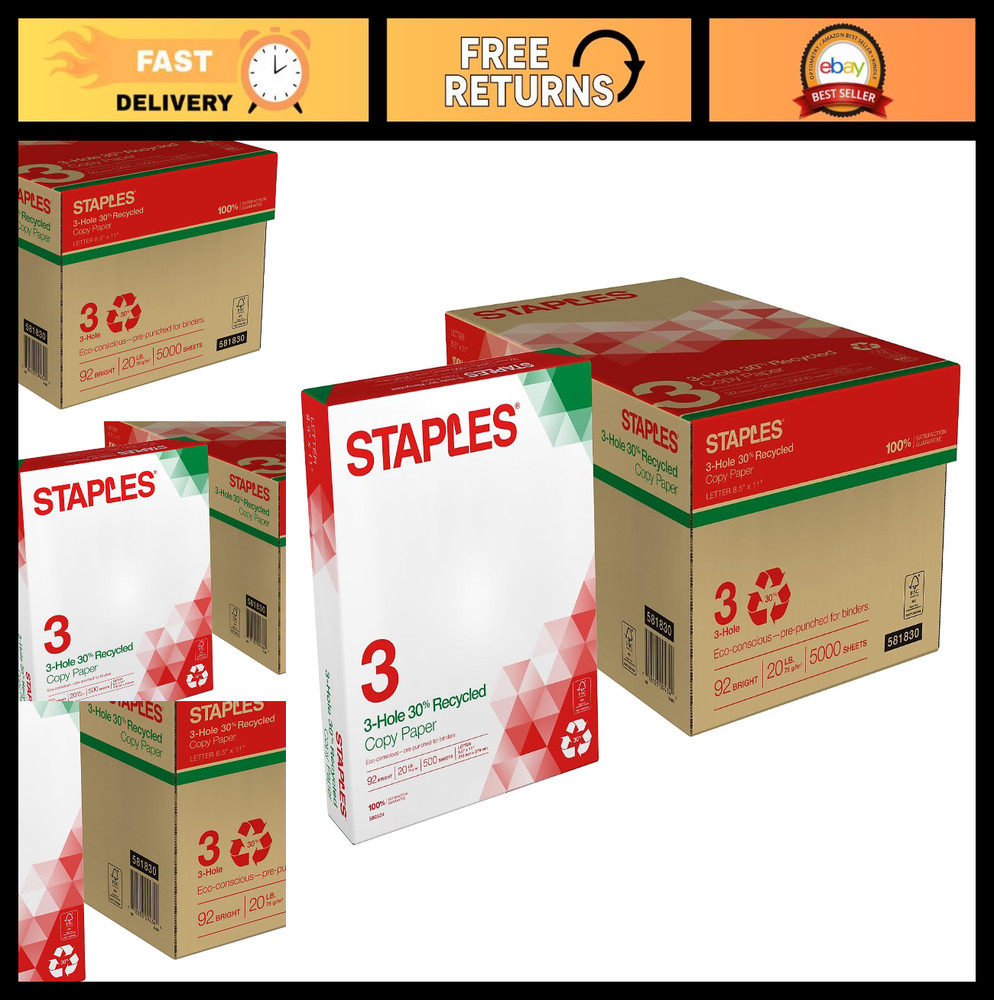 Recycled 8.5×11 Copy Paper, 20 lb, 3-Hole Punched, 500 Sheets/Ream, 10 Reams