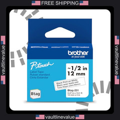Brother Genuine BTAG231 P-Touch Label Tape 1/2in Black on White Laminated 13.1ft