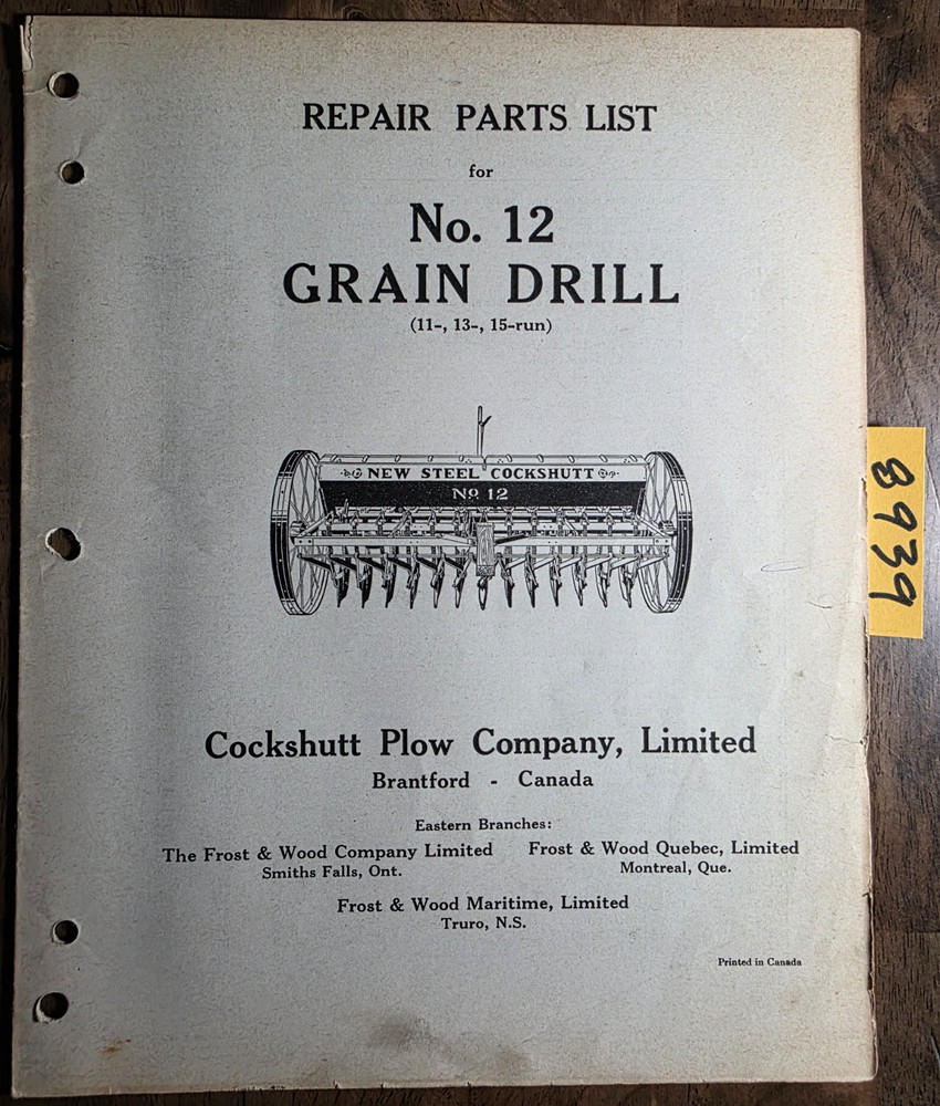 Cockshutt 12 Grain Drill Parts Repair List Manual