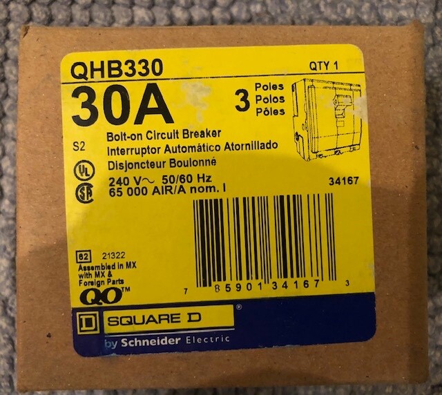 Square D QHB330 Bolt-On 240V 3 pole circuit breaker 65kA@240V NEW IN BOX!
