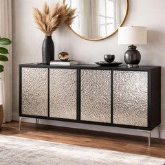 Betie Sideboard Buffet Cabinet- Textured Steel Metal- Black Wood- 72In