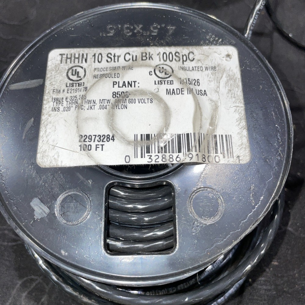 22973237 10 Awg Thhn Copper Building Wire, Black Stranded 100 Feet