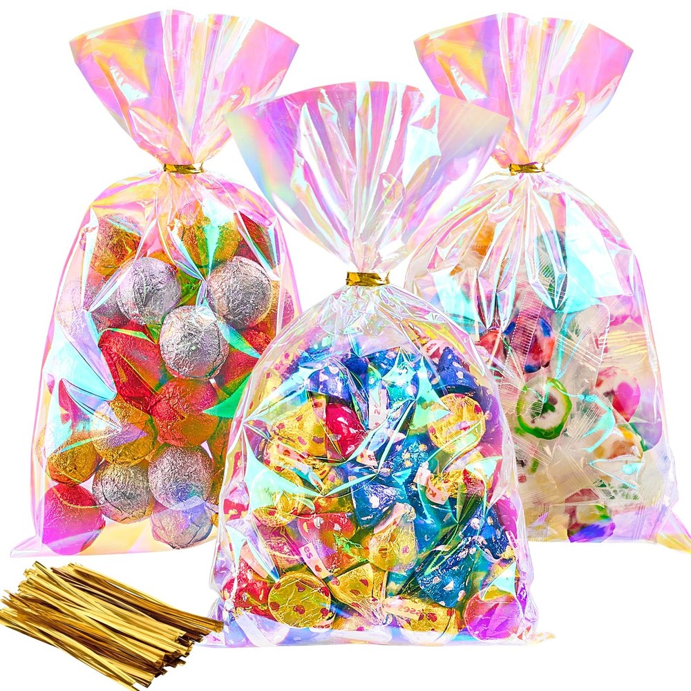 100 PCS Iridescent Cellophane Treat Bags, 6 x 10 Inches Holographic Plastic G…