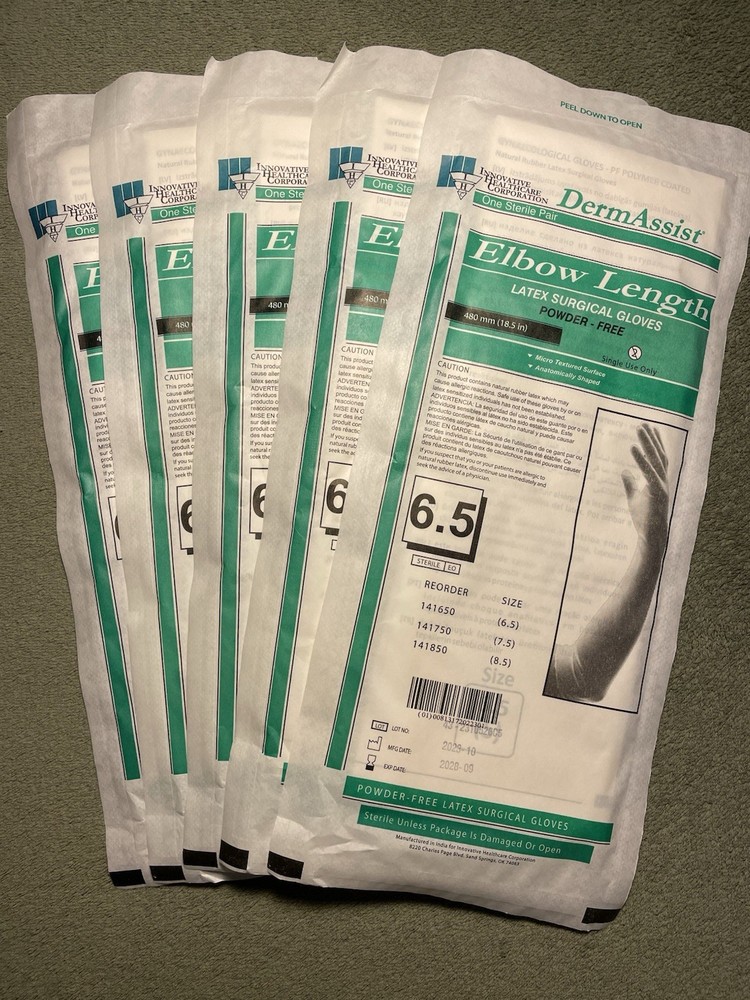 DermAssist Elbow Length Latex Surgical Gloves, 5 Pairs, Size 6.5