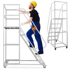6 Step Rolling Ladder for Industrial & Warehouse w/ Handrails & 4 Lockable Wheel