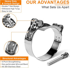 4Pcs T-Bolt Hose Clamps Stainless Steel Heavy Duty Adjustable Pipe Clamp 17-19mm