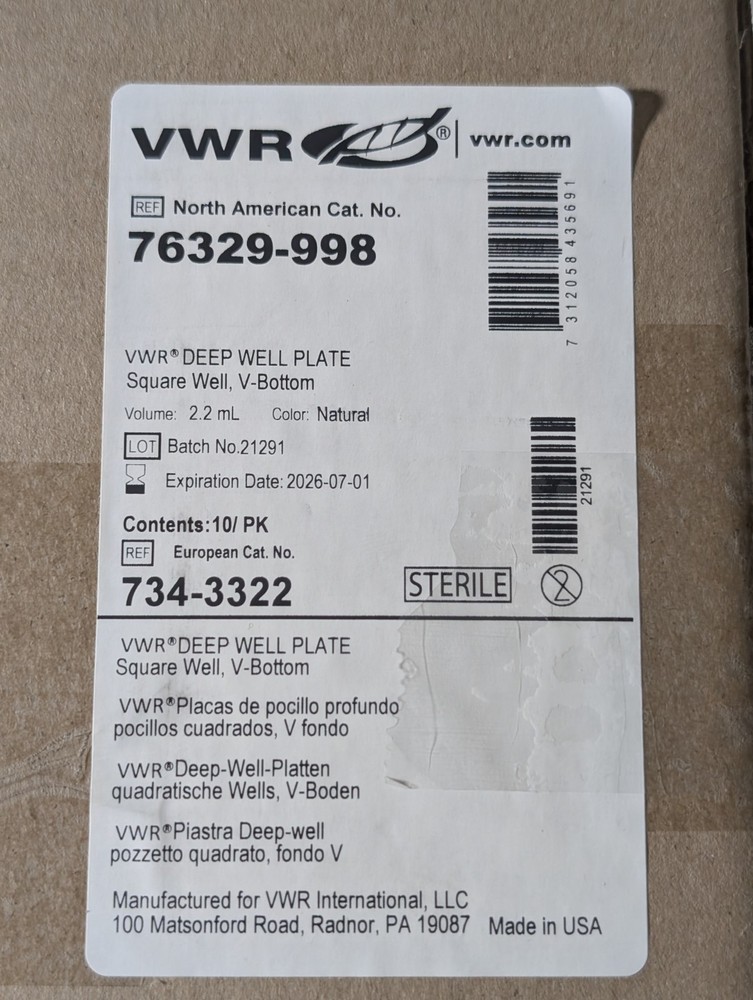 VWR Polypropylene 2.2mL Square Well V-Bottom Deep Well Plate 76329-998 (10/pk)