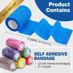 AZEN Self Adhesive Bandage Wrap 12 Pack 3 x 5 Yards Elastic Cohesive Vet Tape