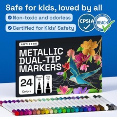 24 Metallic Acrylic Paint Markers – Paint Pens for Drawing, Brush + Fine Tips –