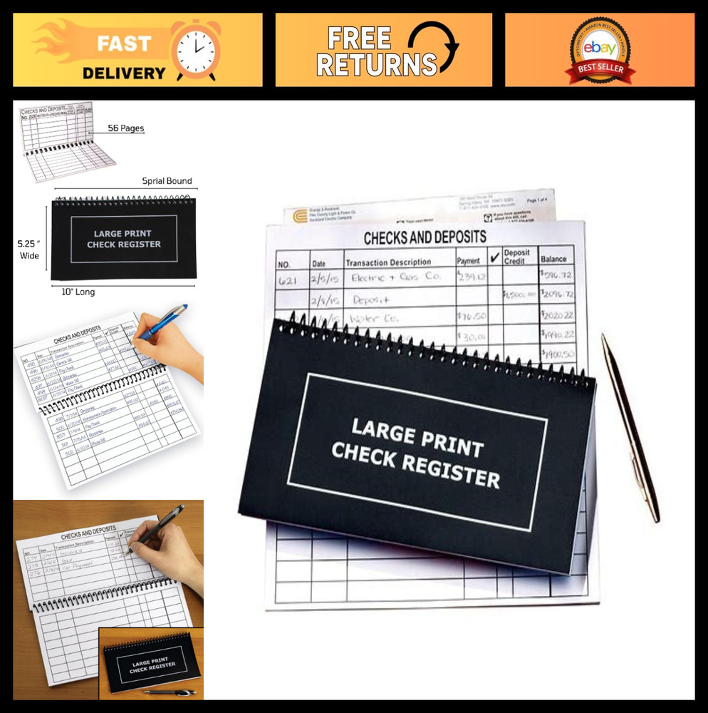 Jumbo Print Check Register Book – Large Easy-to-Read Accounting Log, 56 Pages, S