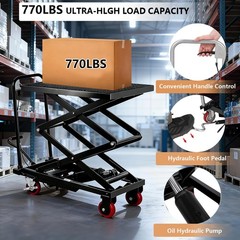 770Lbs Hydraulic Double Scissor Lift Table Cart 11-59″ Height Steel Wheels Black