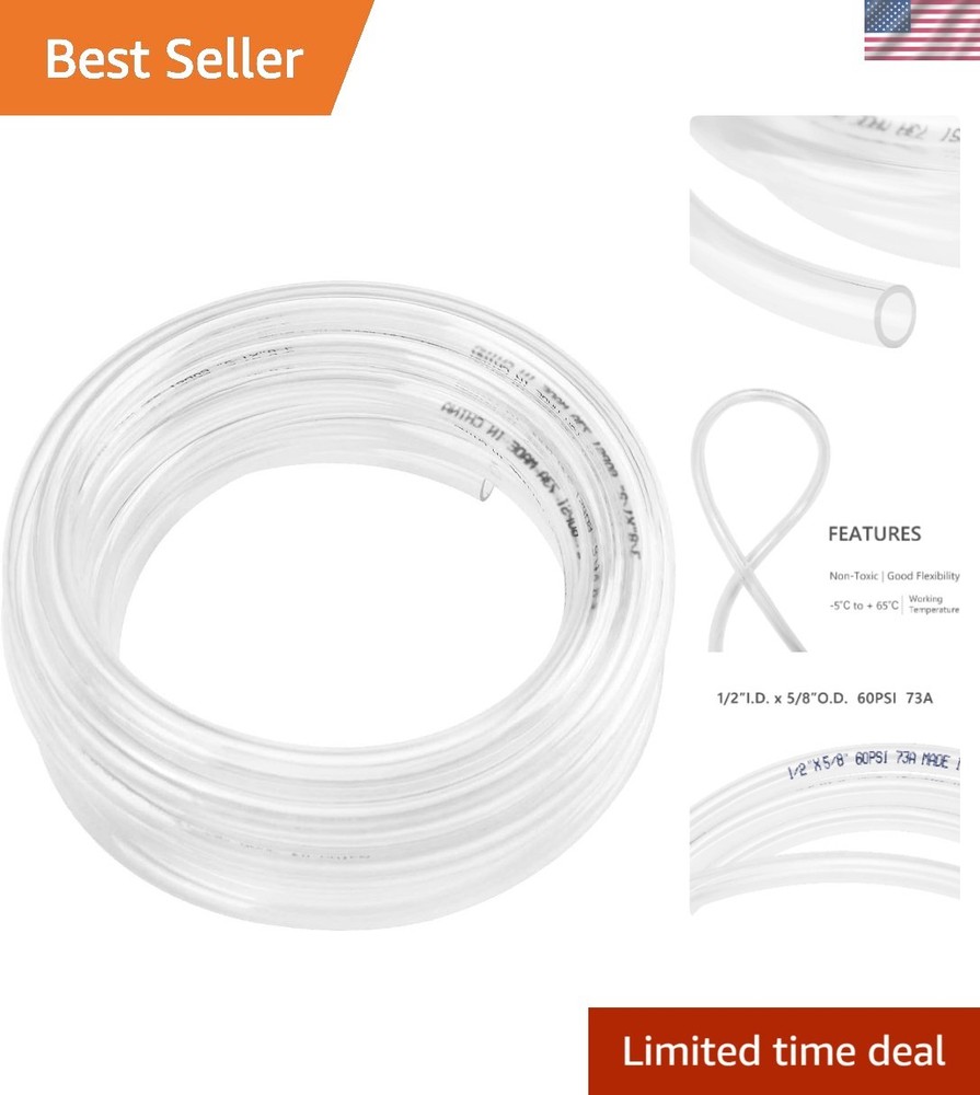 5ft Clear Vinyl PVC Tubing – Flexible & Chemical Resistant 1/2″ ID Hose