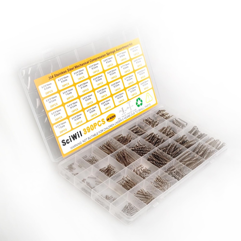 SciWil 390-Piece Compression Spring Assortment Kit, 28 Sizes Small Springs Se…