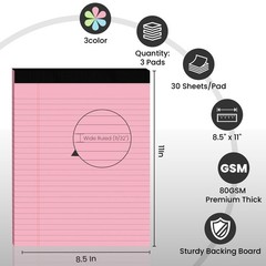 3pcs Legal Pads 8.5 x 11, Color Notepads x 11 In, Pink/Blue/Green