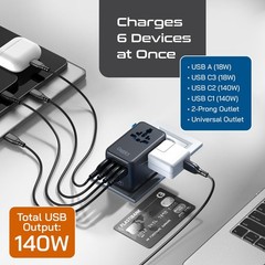 6 in 1 International Power Adapter with PD 140W USB-, 1x USB-A, 3X , Universa…