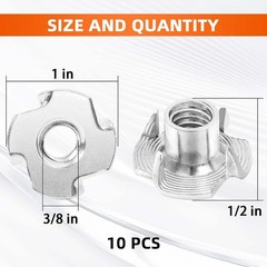 4-Pronged 3/8″-16 Stainless Steel T-Nuts – Set of 10 for Wood & Climbing Holds