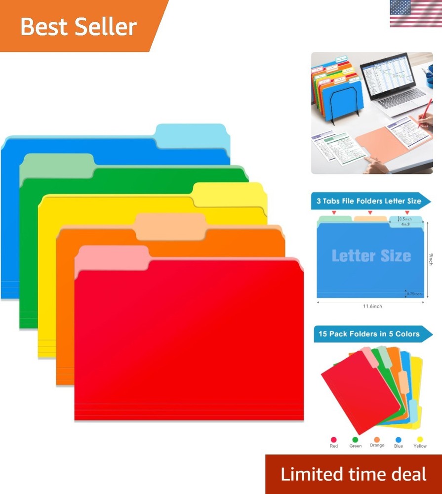 Durable 1/3 Cut Tab File Folders – 15 Pack Letter Size, Multicolor Solution