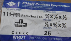 COPPER PLUMBING FITTINGS 3/4 x 1/2 x 1/2 REDUCING TEE C x C x C 4 PACK O203-22