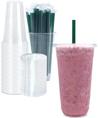 32 oz Clear Plastic Cups with Lids and STRAWS, 50 Piece Set, Transparent