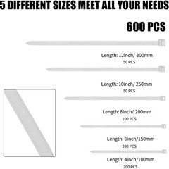 Cable Zip Ties,600 Piece Self-Locking Nylon Cable Ties,PerfecSizes 4+6+8+10+12in